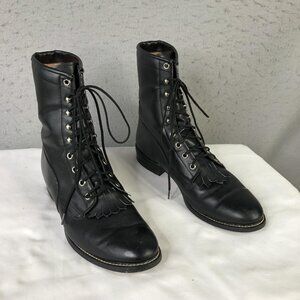 Whimsigoth Boots Womens 9D Black Leather Lace Up Fringe Goth Steampunk Prairie